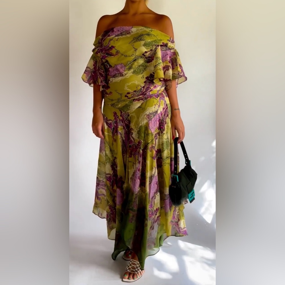 Green and Purple Floral Off-Shoulder Maxi Dress